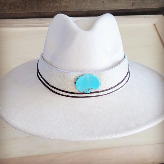 Wide Hair Hide Leather White Hat Band w/ Turq  954n