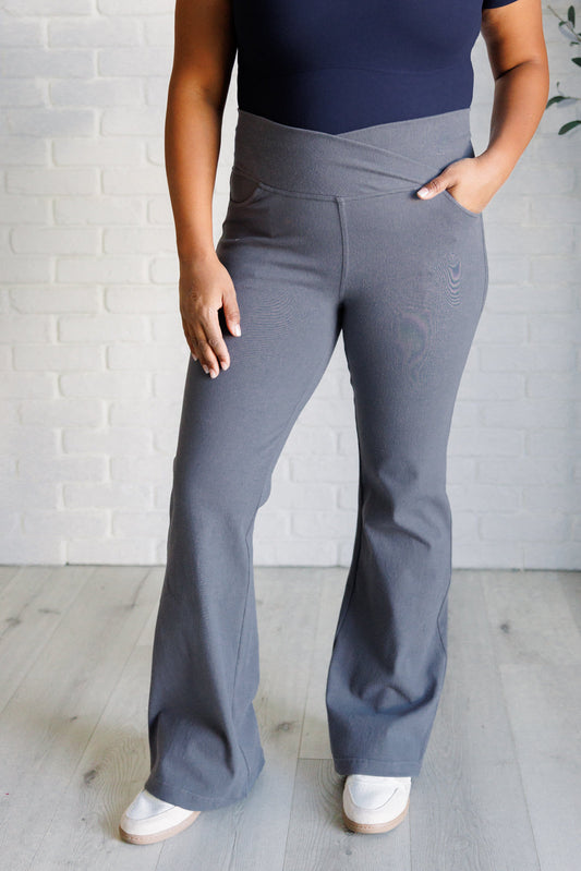 Building Habits Twill Flared Crossover Waist Pant in Titanium