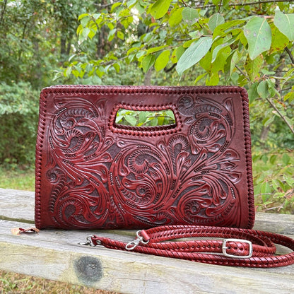 Hand-Tooled Leather Large Clutch & Crossbody, "JENNY" by ALLE