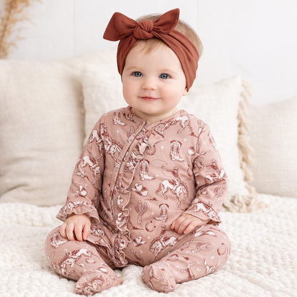 Wild Wrangler/Pink Bamboo Ruffle Zipper Romper - Western