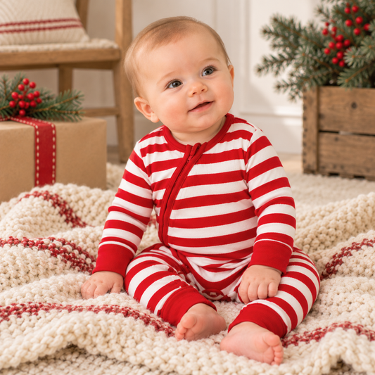 Candy Cane Christmas Stripe Baby Zipper Romper - 100% Cotton