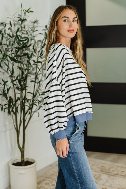 Cute in Comfort Crew Neck Pullover in White, Black and Denim