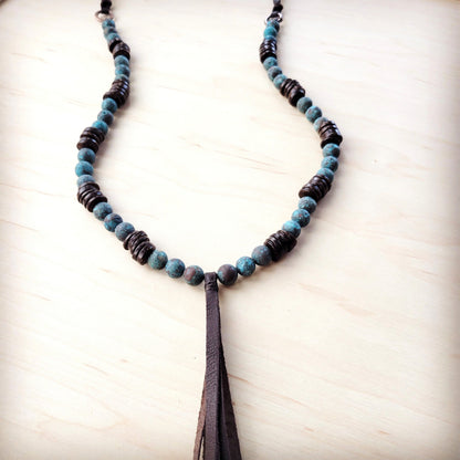 Natural American Turquoise Necklace w/ Wood Beads & Tassel 262i