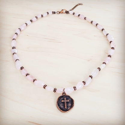 **Rose Quartz Collar Necklace w/ Copper Cross Round Charm 263j