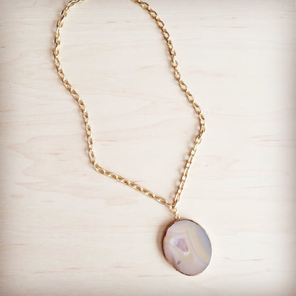 **Matte Gold Gilded Agate Pendant on Gold Chain Necklace 257kj