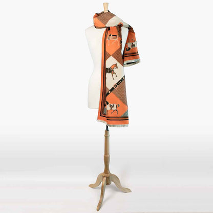 Della -  Tangerine Equestrian Motif Luxe Shawl
