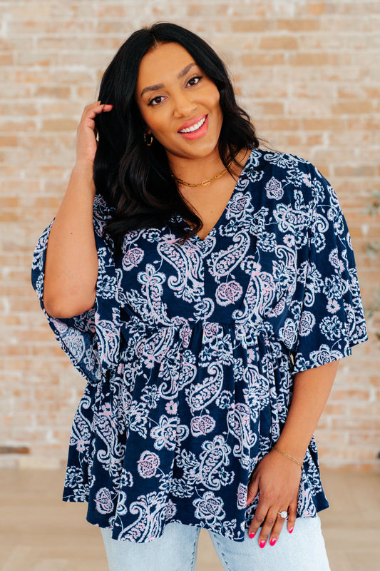 Dreamer Peplum Top in Navy and Pink Paisley