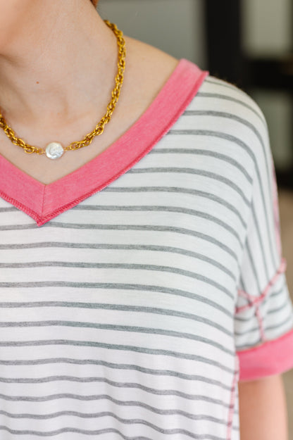 Dressed to Chill V-Neck Top in Heather/Grey/Ivory/Pink