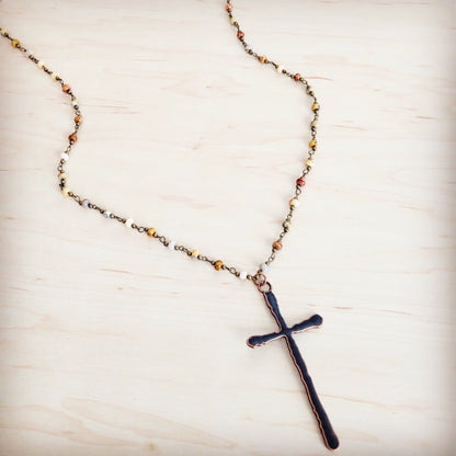 Genuine Natural Agate Long Beaded Necklace with Antique Copper Cross 262z