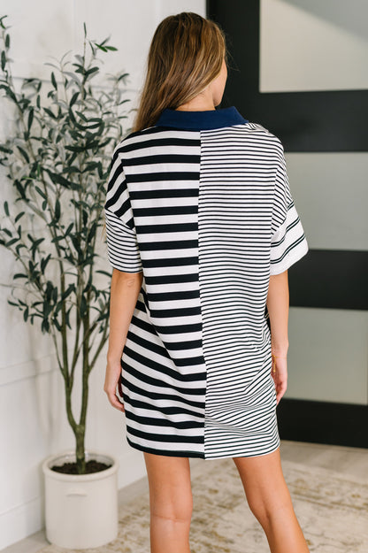 Everlasting Love Striped Collared Dress in Black and Navy