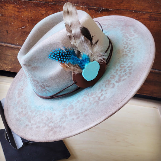 Hand-Painted Leopard Boho Western Cowgirl Hat & Band Turq Brown 987c