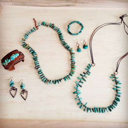 Natural Turquoise Stacked Stone Necklace with Leather Ties 263e