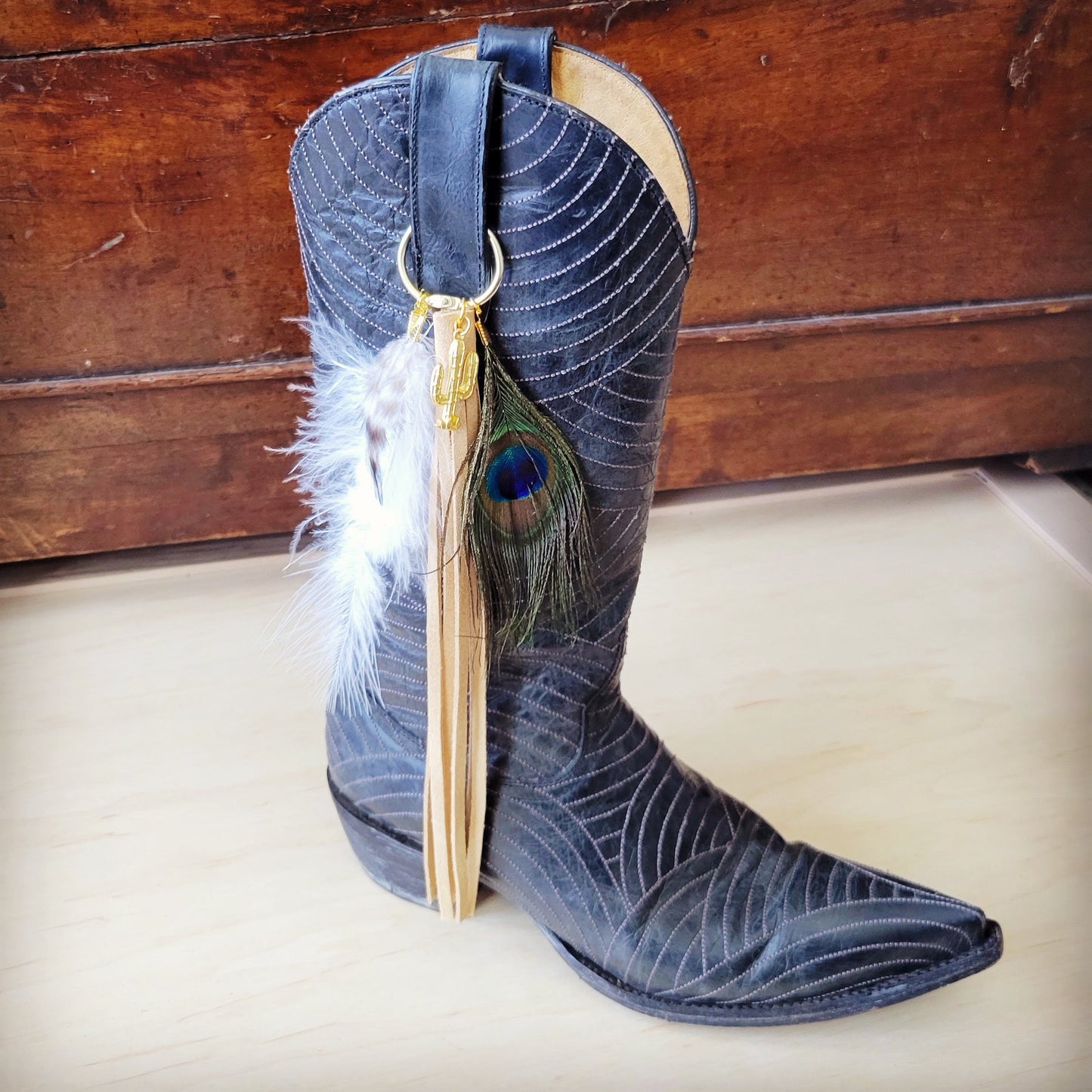 Boho Western Leather Boot Bling Bone Suede w/ Peacock Feather 500v