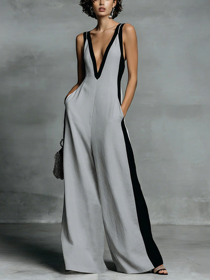 Women's Color-Block Sleeveless V-Neck Wide-Leg Jumpsuit – French Style Long Pants