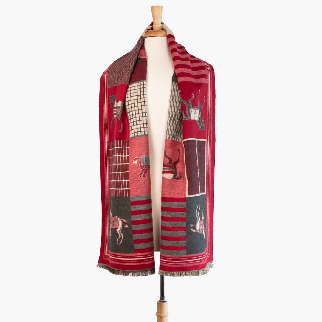 Devon -  Crimson Equestrian Motif Luxe Shawl