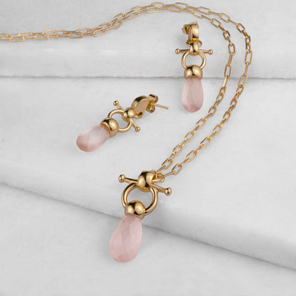 Briolette - Rose Quartz Equestrian Horse Bit Necklace in Gold
