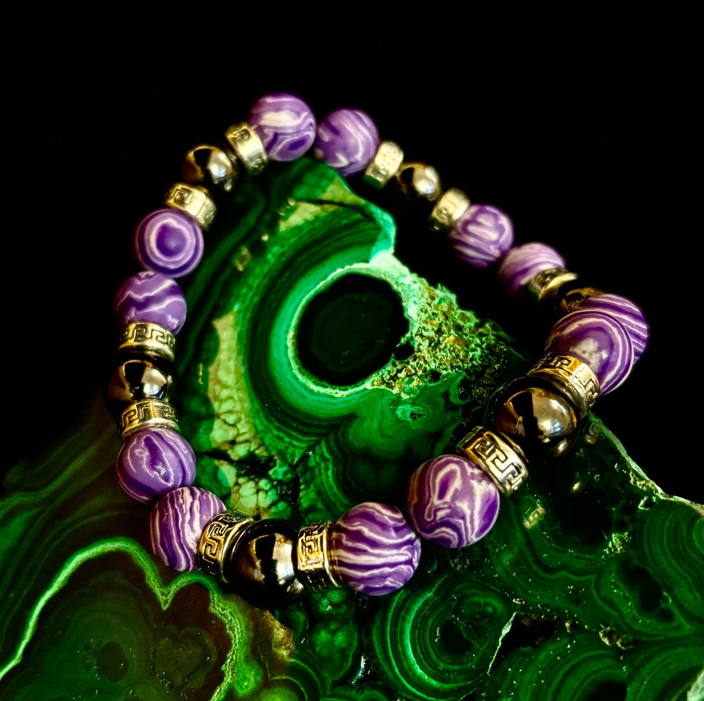 Purple Malachite & Hematite Bracelet – 10mm Handmade Energy Bracelet | Large 8” Wrist | Reiki-Infused