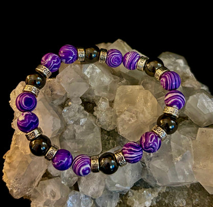 Purple Malachite & Hematite Bracelet – 10mm Handmade Energy Bracelet | Large 8” Wrist | Reiki-Infused
