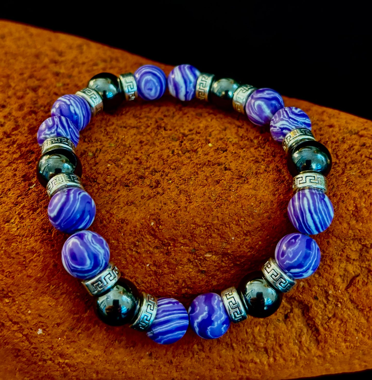 Purple Malachite & Hematite Bracelet – 10mm Handmade Energy Bracelet | Large 8” Wrist | Reiki-Infused