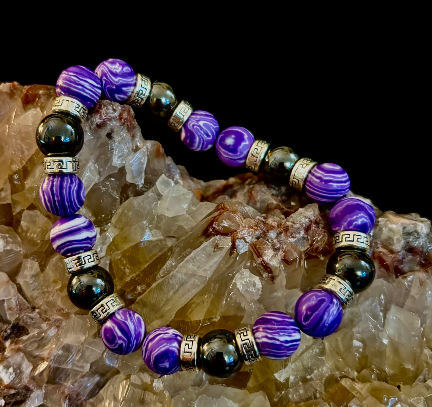 Purple Malachite & Hematite Bracelet – 10mm Handmade Energy Bracelet | Large 8” Wrist | Reiki-Infused