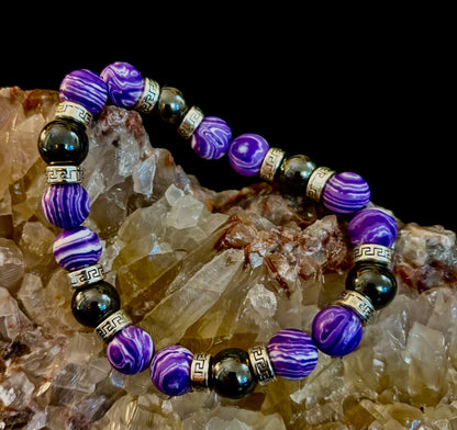 Purple Malachite & Hematite Bracelet – 10mm Handmade Energy Bracelet | Large 8” Wrist | Reiki-Infused