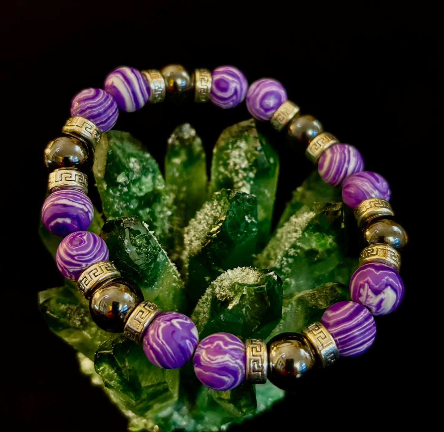 Purple Malachite & Hematite Bracelet – 10mm Handmade Energy Bracelet | Large 8” Wrist | Reiki-Infused