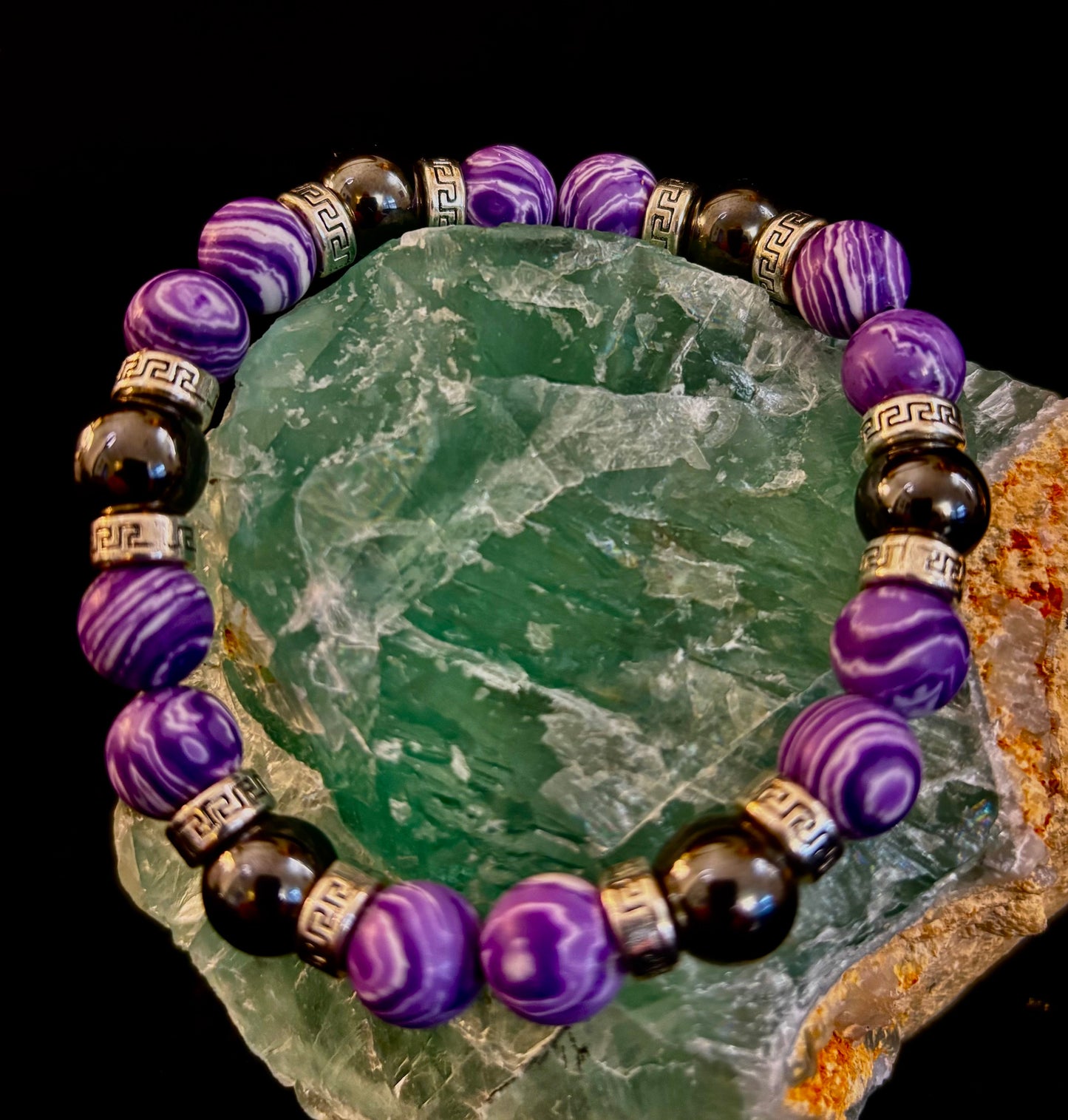 Purple Malachite & Hematite Bracelet – 10mm Handmade Energy Bracelet | Large 8” Wrist | Reiki-Infused