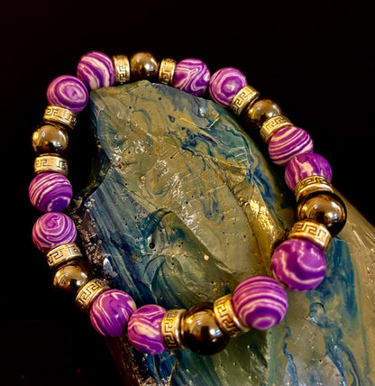 Purple Malachite & Hematite Bracelet – 10mm Handmade Energy Bracelet | Large 8” Wrist | Reiki-Infused