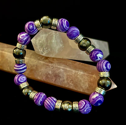 Purple Malachite & Hematite Bracelet – 10mm Handmade Energy Bracelet | Large 8” Wrist | Reiki-Infused