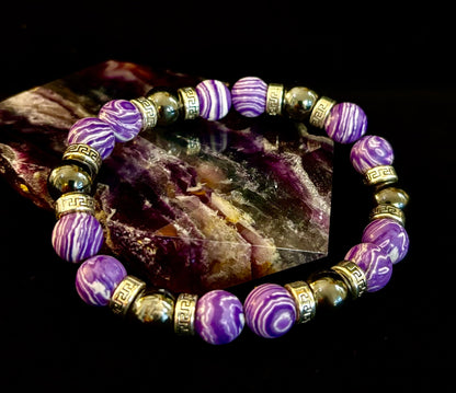 Purple Malachite & Hematite Bracelet – 10mm Handmade Energy Bracelet | Large 8” Wrist | Reiki-Infused