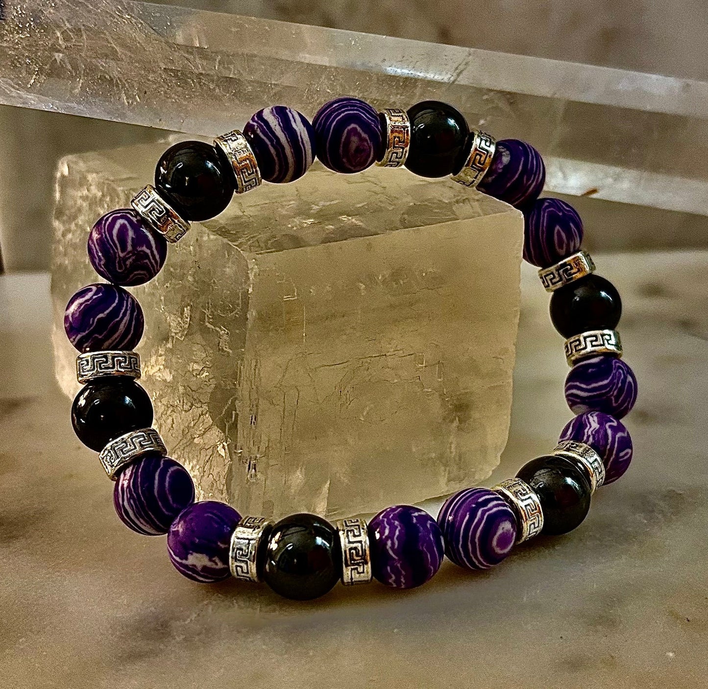 Purple Malachite & Hematite Bracelet – 10mm Handmade Energy Bracelet | Large 8” Wrist | Reiki-Infused