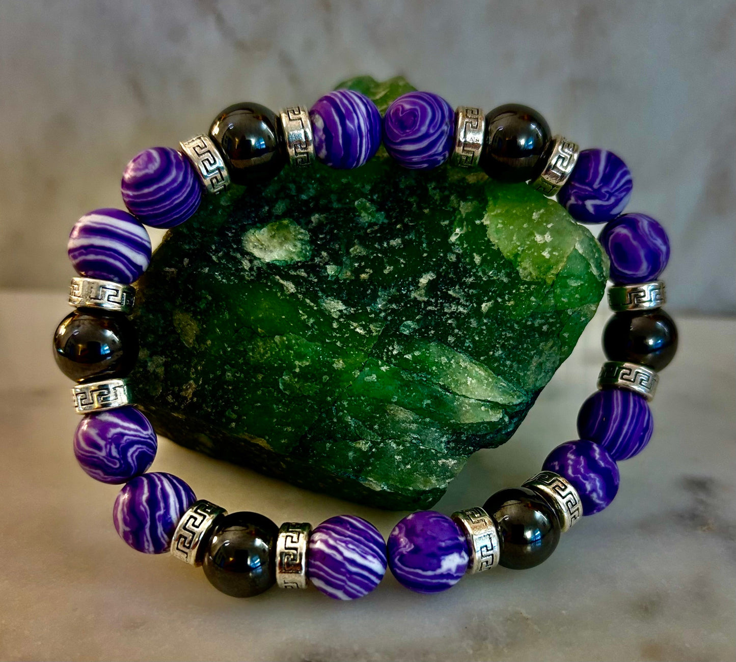 Purple Malachite & Hematite Bracelet – 10mm Handmade Energy Bracelet | Large 8” Wrist | Reiki-Infused