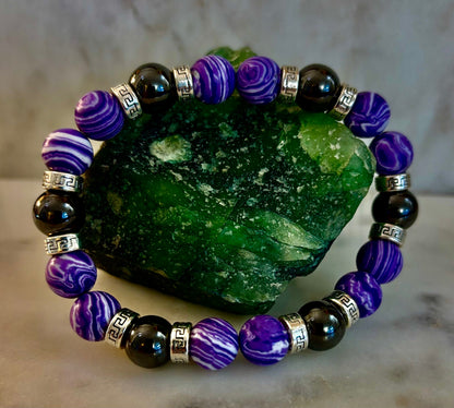 Purple Malachite & Hematite Bracelet – 10mm Handmade Energy Bracelet | Large 8” Wrist | Reiki-Infused