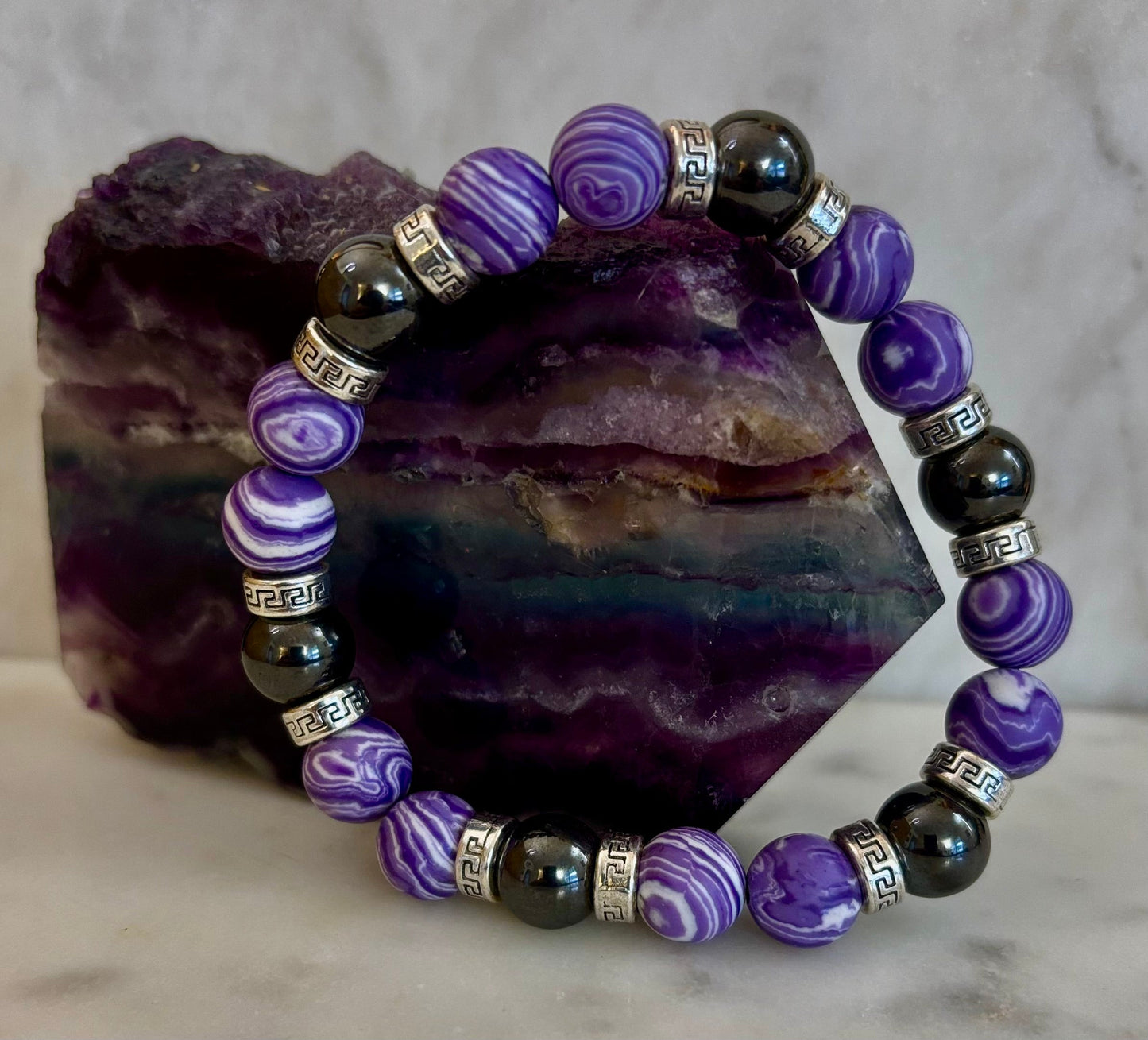 Purple Malachite & Hematite Bracelet – 10mm Handmade Energy Bracelet | Large 8” Wrist | Reiki-Infused