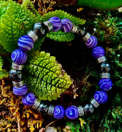 Purple Malachite & Hematite Bracelet – 10mm Handmade Energy Bracelet | Large 8” Wrist | Reiki-Infused
