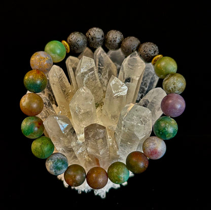 🌿 Grounded Strength Indian Agate Diffuser Bracelet – Lava Stone Energy (10mm)