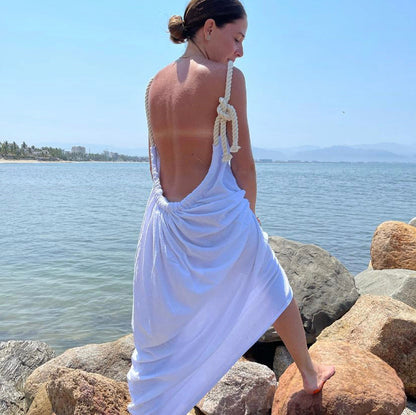 Handmade Backless Maxi Beach Dress ZOE, Organic Cotton