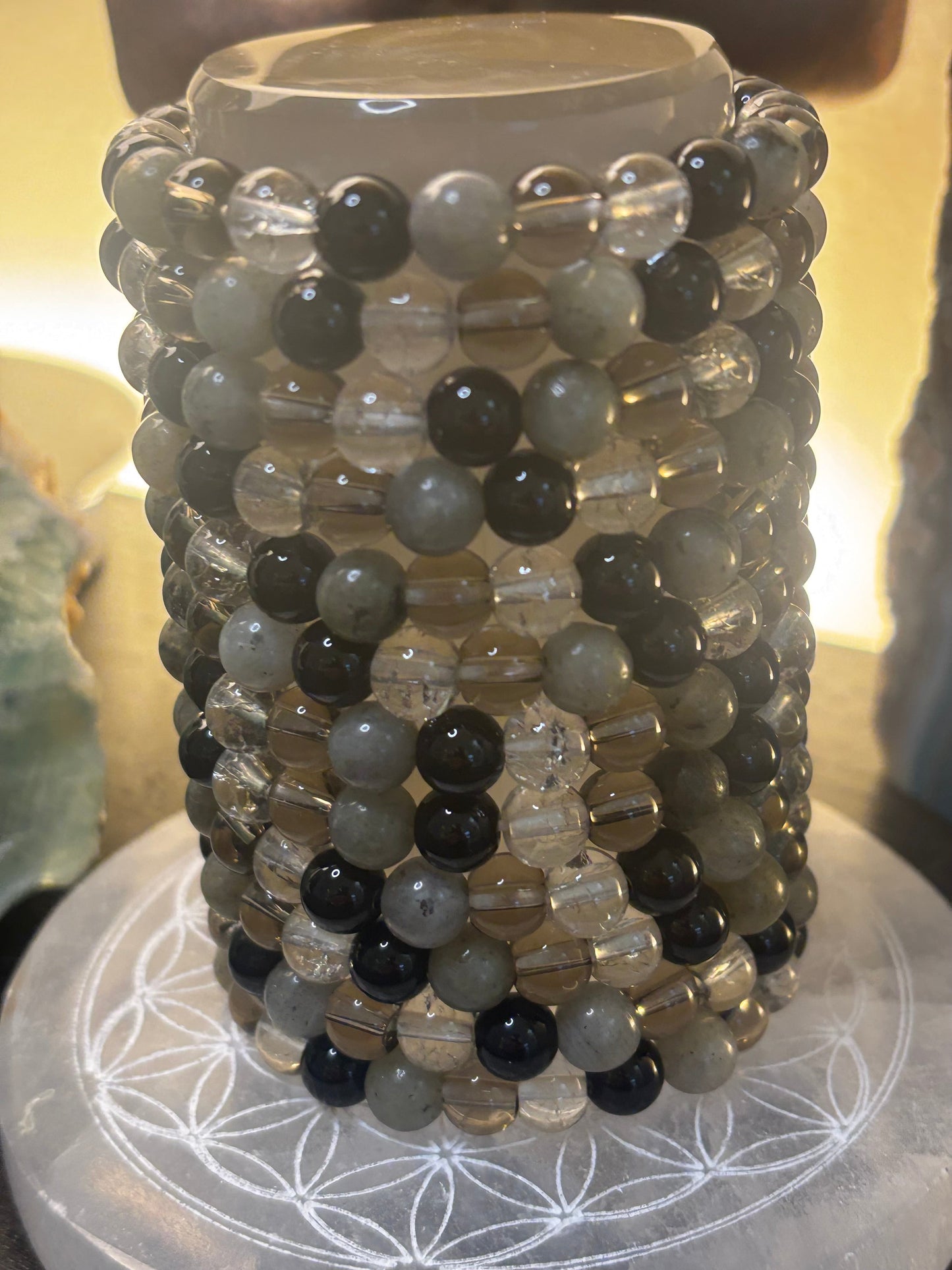Stress Relief & Grounding Bracelet – Labradorite, Smoky Quartz, Black Obsidian & Clear Quartz (Small–Medium Wrists)