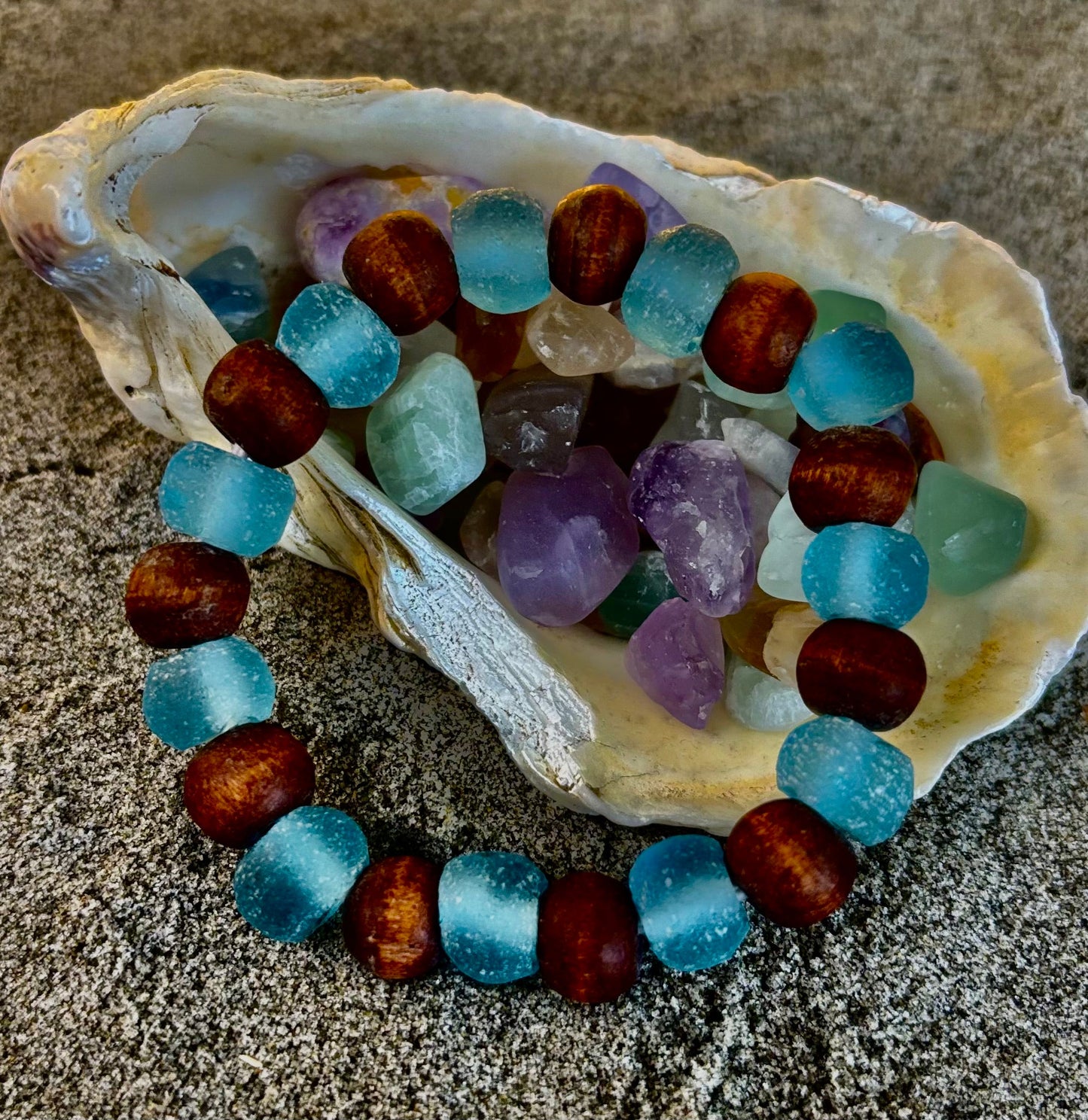 Ocean Drift Recycled Sea Glass Bracelet – Light Blue Coastal Wood Bead Stretch Bracelet 🌊