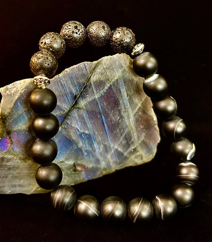 Men’s Grounded Energy Sardonyx Diffuser Bracelet – Matte Black Essential Oil Bracelet (7.5” & 8”)