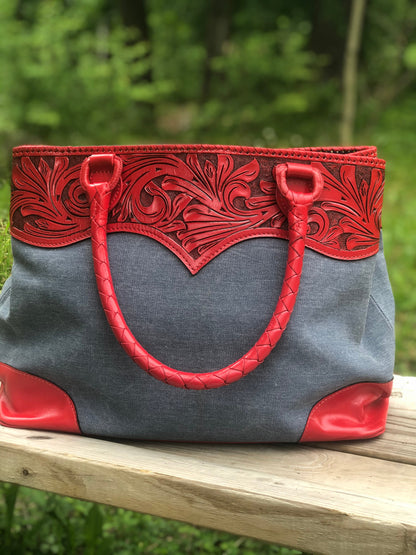 Hand-Tooled Leather & Denim Tote "Denim" by ALLE more Colors