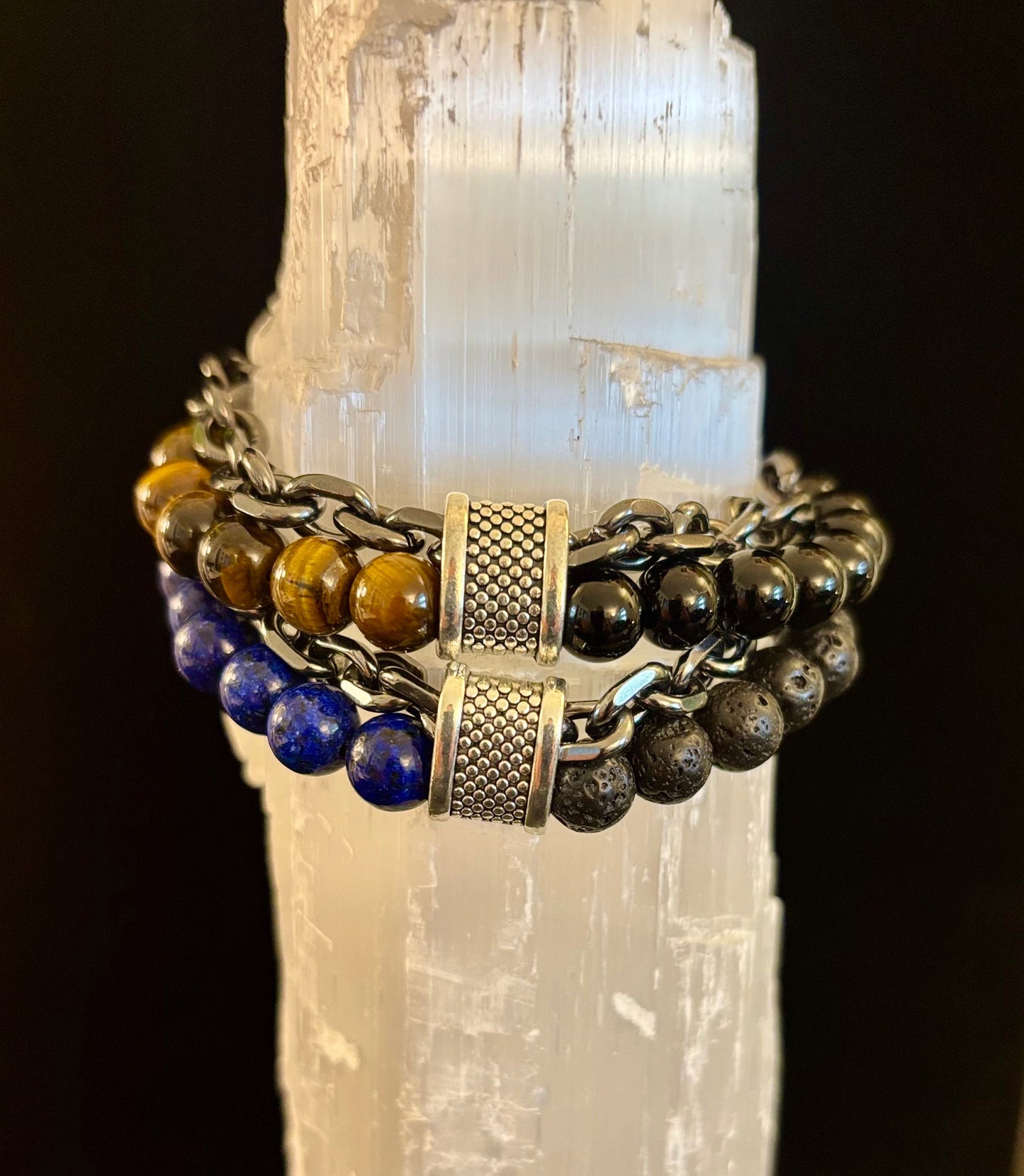 Lapis Lazuli or Tiger’s Eye Reiki-Infused Strength & Intention Bracelet with Silver-Tone Chain (Medium–Large Wrist)