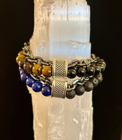 Lapis Lazuli or Tiger’s Eye Reiki-Infused Strength & Intention Bracelet with Silver-Tone Chain (Medium–Large Wrist)