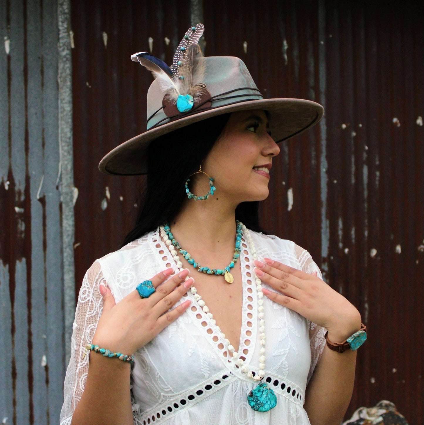 Long White Turquoise Beaded Necklace w/ Genuine Regalite Pendant 263c