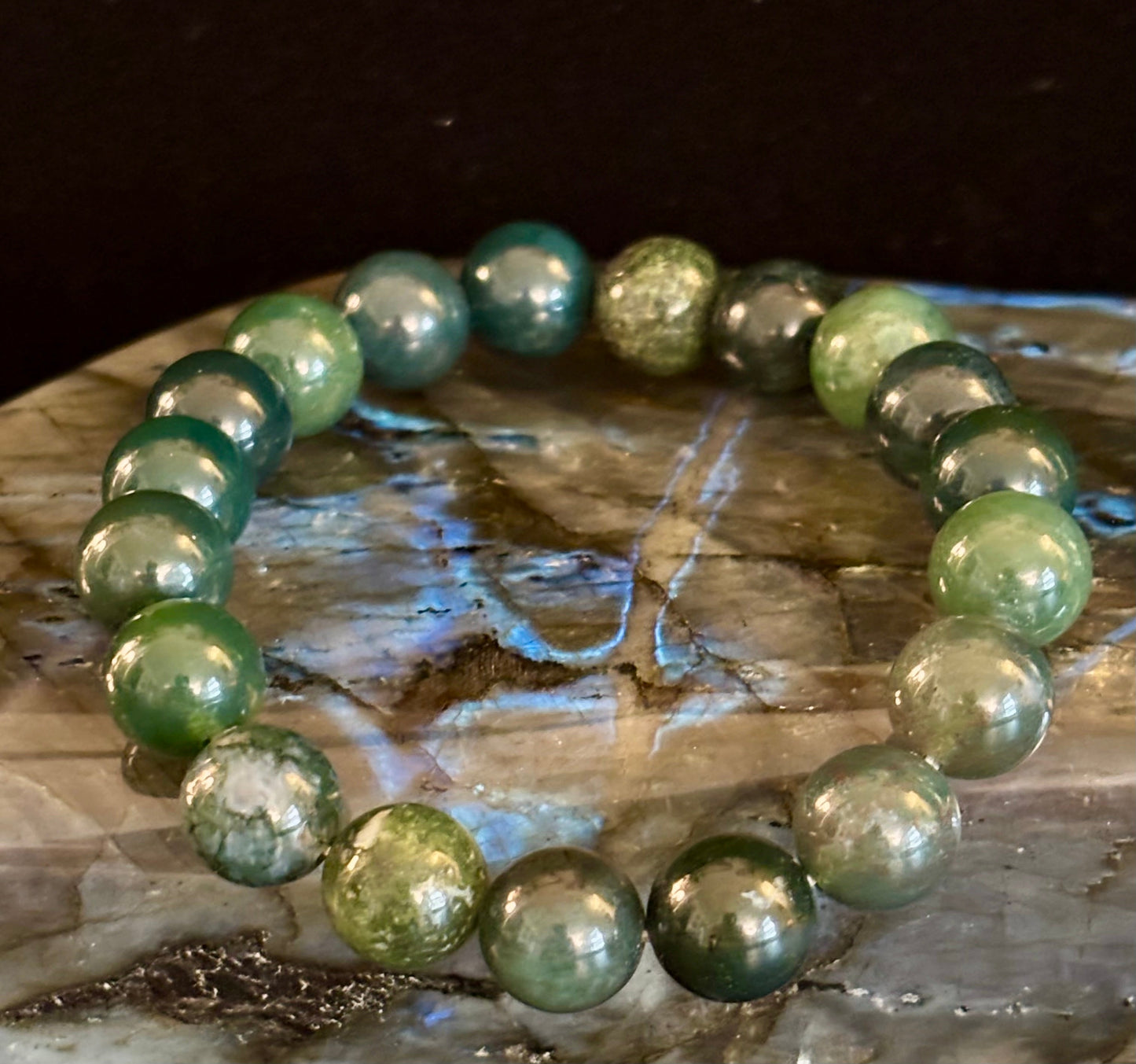 Natural Moss Agate Bracelet 8mm & 10mm – Reiki-Infused Growth, Abundance & Grounding Jewelry (Multiple Wrist Sizes)