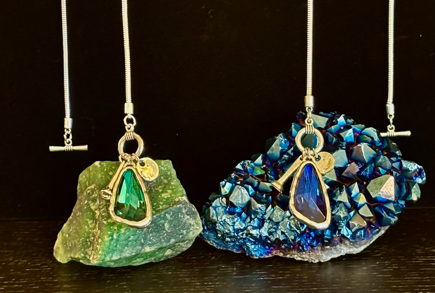 Crystal Teardrop Pendant Necklace – Ocean Blue, Emerald Green & Charcoal | Adjustable 29 inch Statement Necklace