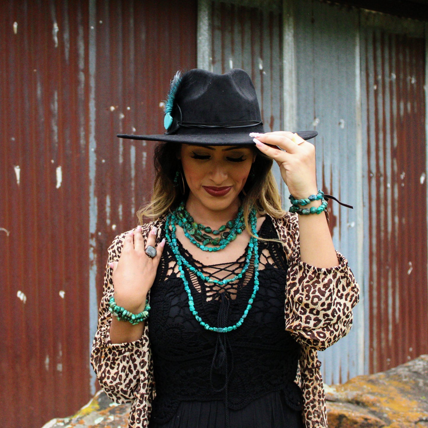 Large Triple Strand Natural Turquoise & Copper Collar Necklace 252y