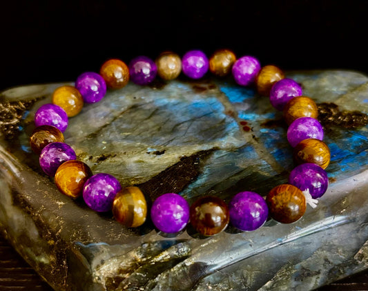Amethyst & Tiger’s Eye 8mm Reiki-Infused Balance & Confidence Bracelet (Medium–Large Wrist)
