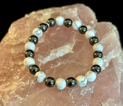 White Howlite & Hematite Reiki-Infused Calm & Grounding Bracelet (Medium Wrist)