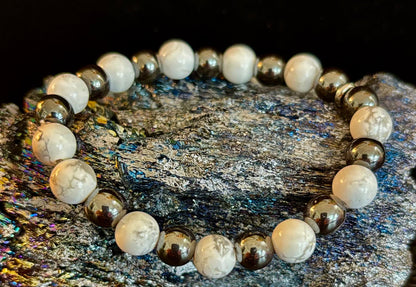 White Howlite & Hematite Reiki-Infused Calm & Grounding Bracelet (Medium Wrist)